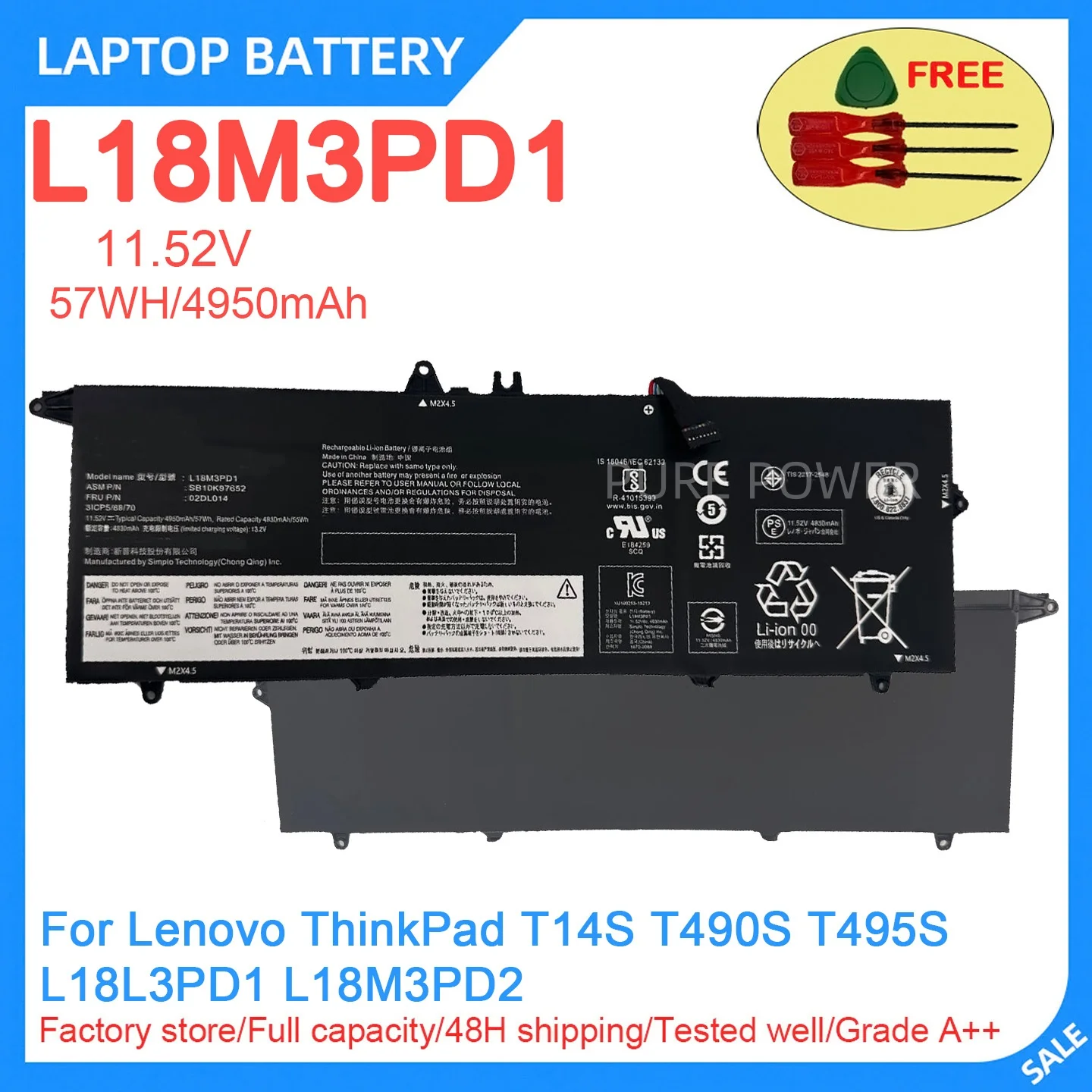 New Laptop Battery L18M3PD1 11.52V 57WH 4950mAh High Quality For Lenovo ThinkPad T14S T490S T495S L18L3PD1 L18M3PD2