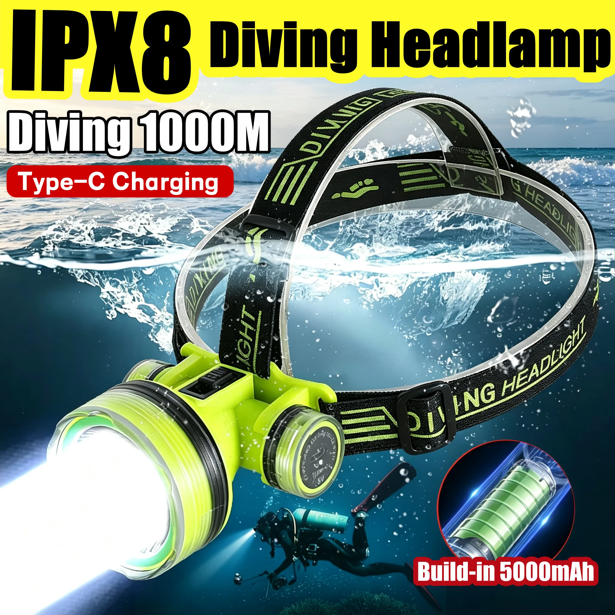 IPX8 Waterproof Diving Headlamp 1000M Deep Diving Headlight USB Charging Underwater Bright LED Head Torch for Diving Snorkeling