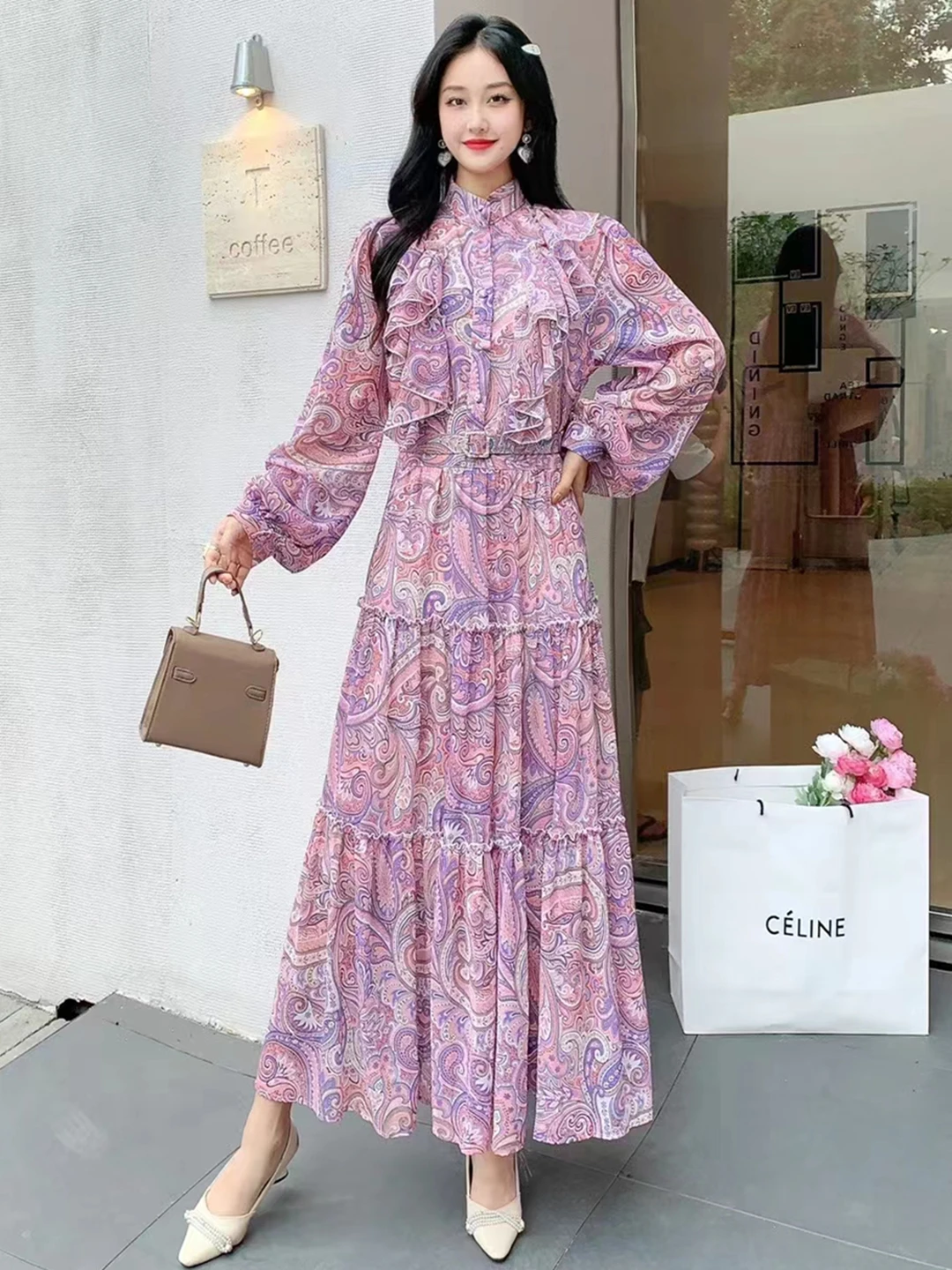 New Spring Autumn Women Long Sleeve Belt Slim Long Dress Elegant Retro Print Sweet Ruffles Patchwork Big Hem Chiffon Dress