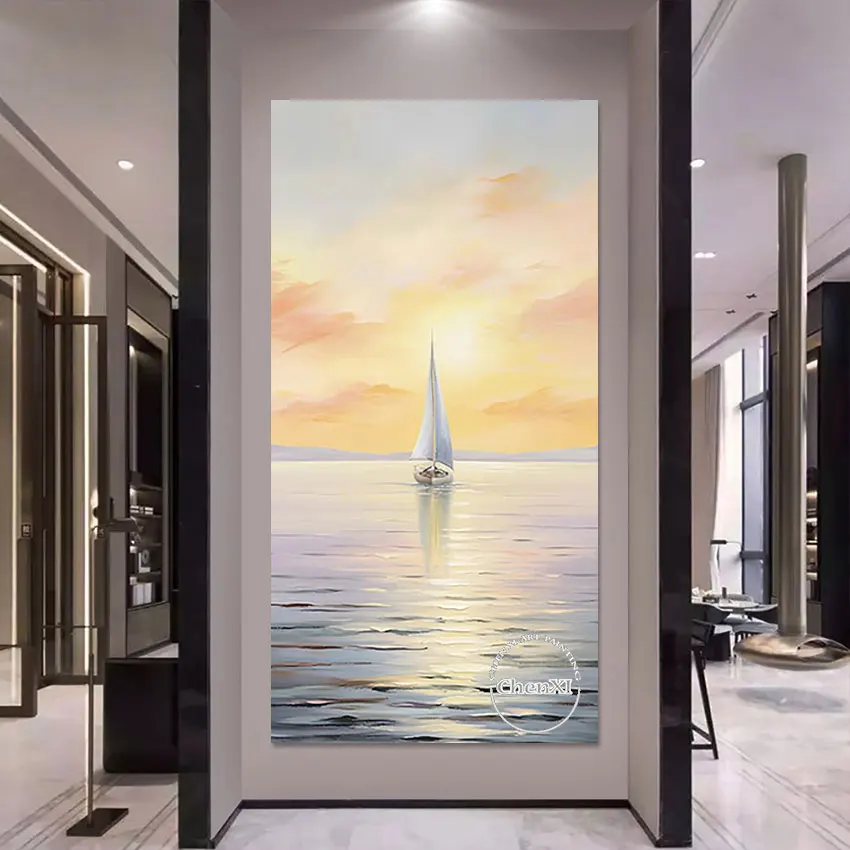 ملصق فني كبير الحجم من قماش المناظر البحرية، مشهد غروب الشمس، عمل فني للرسم الزيتي، لوحة صور جدارية فاخرة تجريدية، ديكور الفندق
