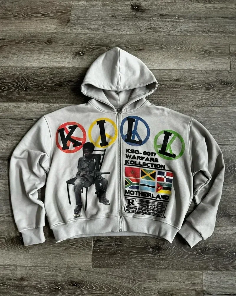 Y2K American Fashion Brand Fashion Loose Zipper Hoodie Men Street Harajuku Versatile Cartoon Letter Print Oversized Jacket Women