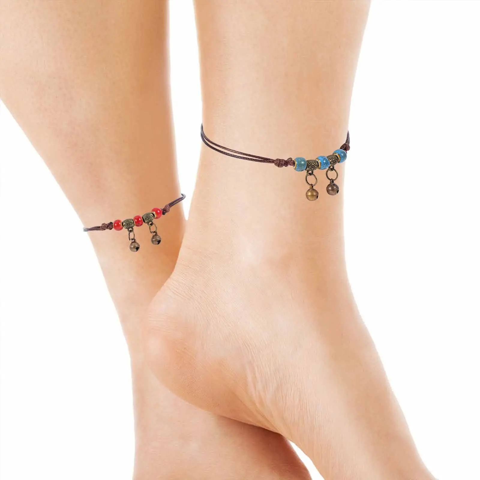10 Piezas de Tobilleras Trenzadas Ajustables Estilo Boho para Mujeres y Niñas, con Cuentas de Porcelana Vintage, Joyería de Cerámica, Estilo Hippie para Vacaciones de Verano en la Playa