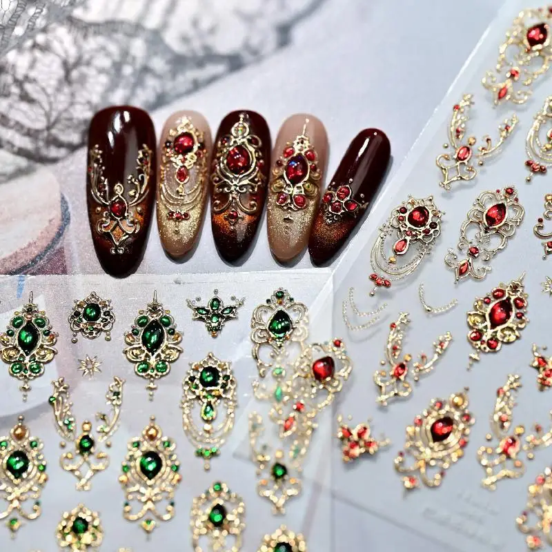 【B】5D Luxurious Emerald Ruby Baroque Scepter Nail Stickers Shiny  Imitation Gemstone Jewelry Manicure DIY Decals Accessories