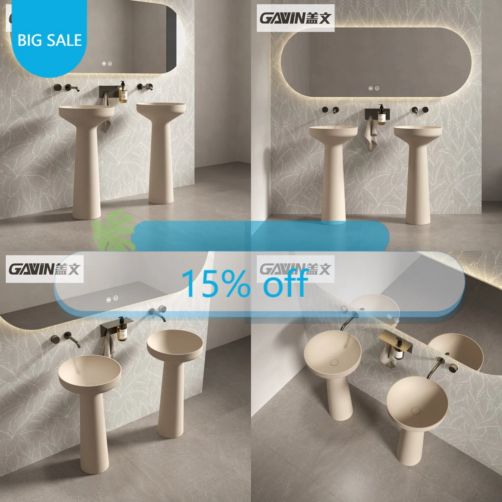 Th Gwen Bathroom Artificial Stone Washbasin One-Piece Floor-Standing Pedestal Sink Matte Vanity Basin