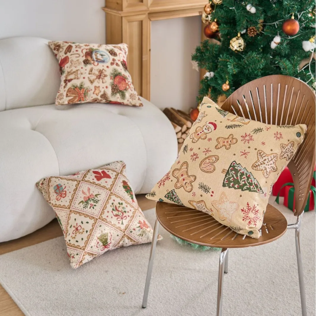 

2025 New Christmas Pillowcase Cartoon Jacquard Weave Xmas Element Pattern Decorative Pillowcase Festival Party Decorations