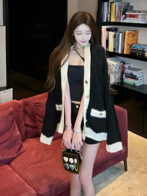 

Корейский модный вязаный кардиган-свитер с V-образным вырезом, свободного кроя, с длинными рукавами, для женщин, зимний, удобный, стройнящий