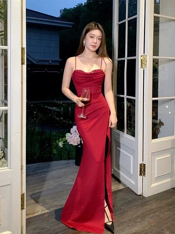 

Сексуальное вечернее платье с длинными бретелями и разрезом, женское, для выступлений, с открытыми плечами, облегающее, с завышенной талией, фасон «рыбий хвост»