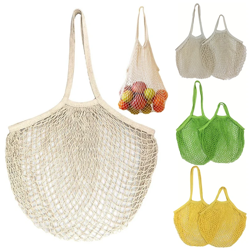 Bolsas de malla reutilizables para comestibles, bolsas para productos con mango largo, almacenamiento de frutas y verduras, bolsillo de malla tejida, almacenamiento de cocina ahuecado