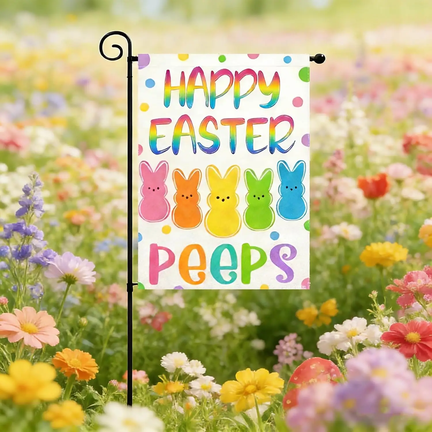 Easter 12x18 Inch Double Sided Outdoor Yard Garden Flag Featuring Rainbow HAPPY EASTER Lettering Colorful Polka Dots and Bun yyi