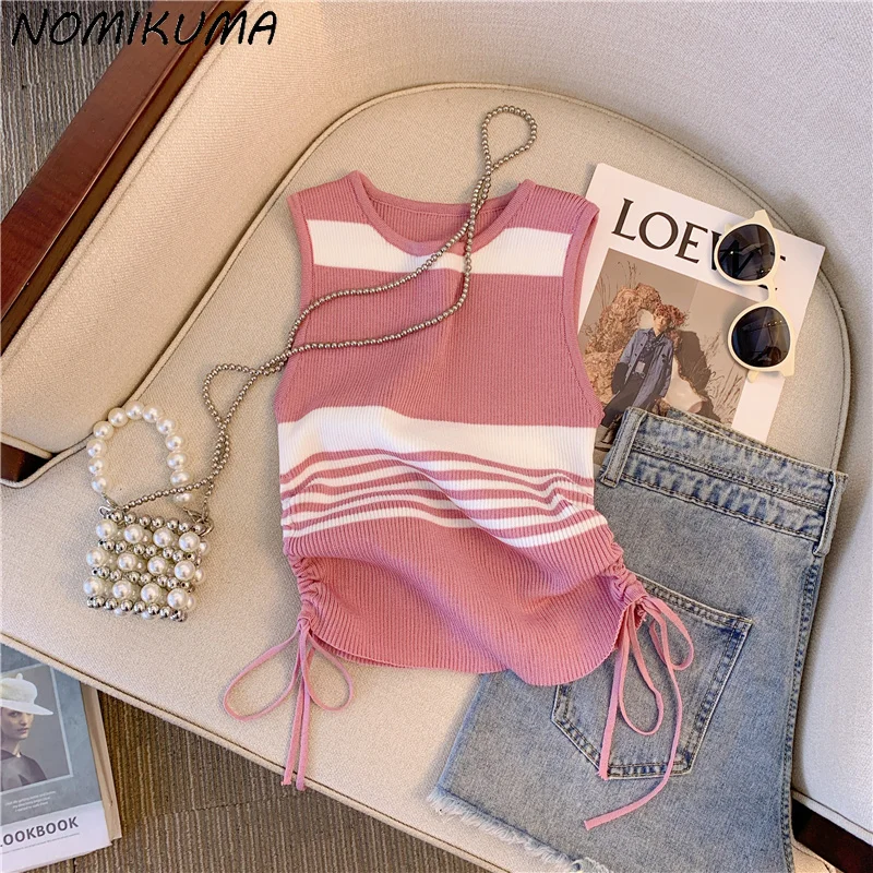 Nomikuma Drawstring Striped Knitted Vests Women Fashion Hit Color Sleeveless O-neck Short Top 2023 Korean Slim Spicy Girl Tanks