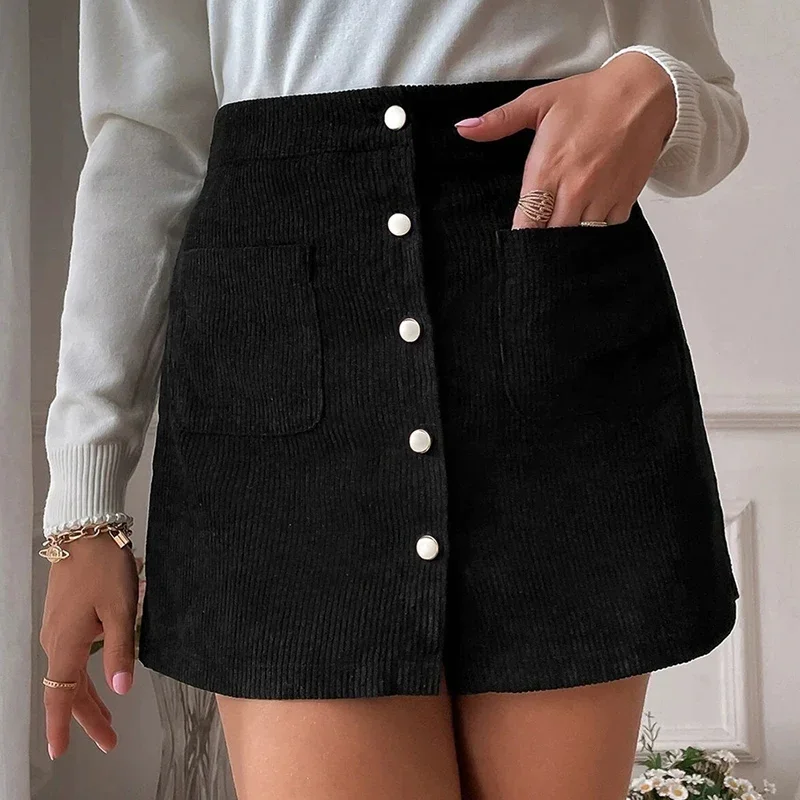 Vintage Corduroy Skirts for Women Slim Fit Single Breasted Skirts Woman Spring Autumn Korean Pockets Solid Color Mini Skirt Lady