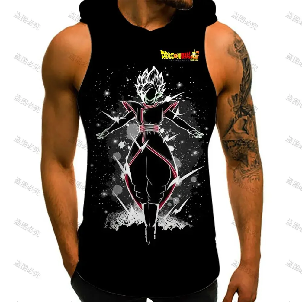 Hooded T-shirt Bodybuilding Dragon Ball Z Men's T-shirts Trend Mens Muscle Vest With Hood Anime Sleeveless Shirt Man Gym Vegeta