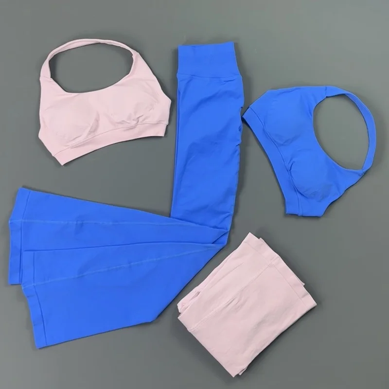 2 Piece Gym Set Women Halter Sports Bra High Waist Butt Lifting Flare Leggings Bootcut Bell Bottom Pilates Workout Active Outfit