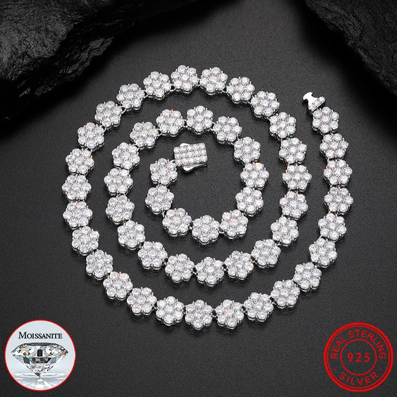 New HipHop Fine Jewelry 9mm Flower Necklace Chain for Men Women Full Iced Out Moissanite Honeycomb 925 Sterling Silver Bracelet