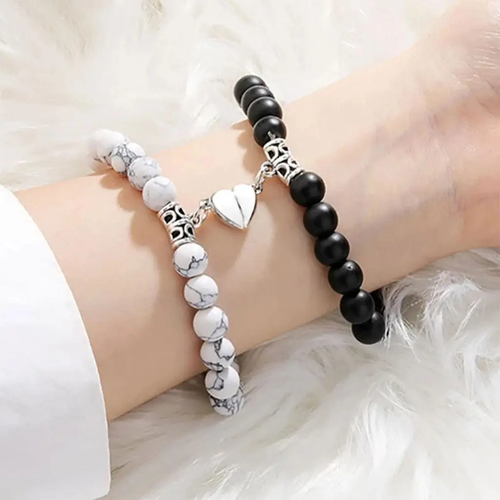 Durable Heart Shaped Magnet Bracelet for Couples Friends Lovers Natural Stone Beads Jewelry Gifts Elastic Rope