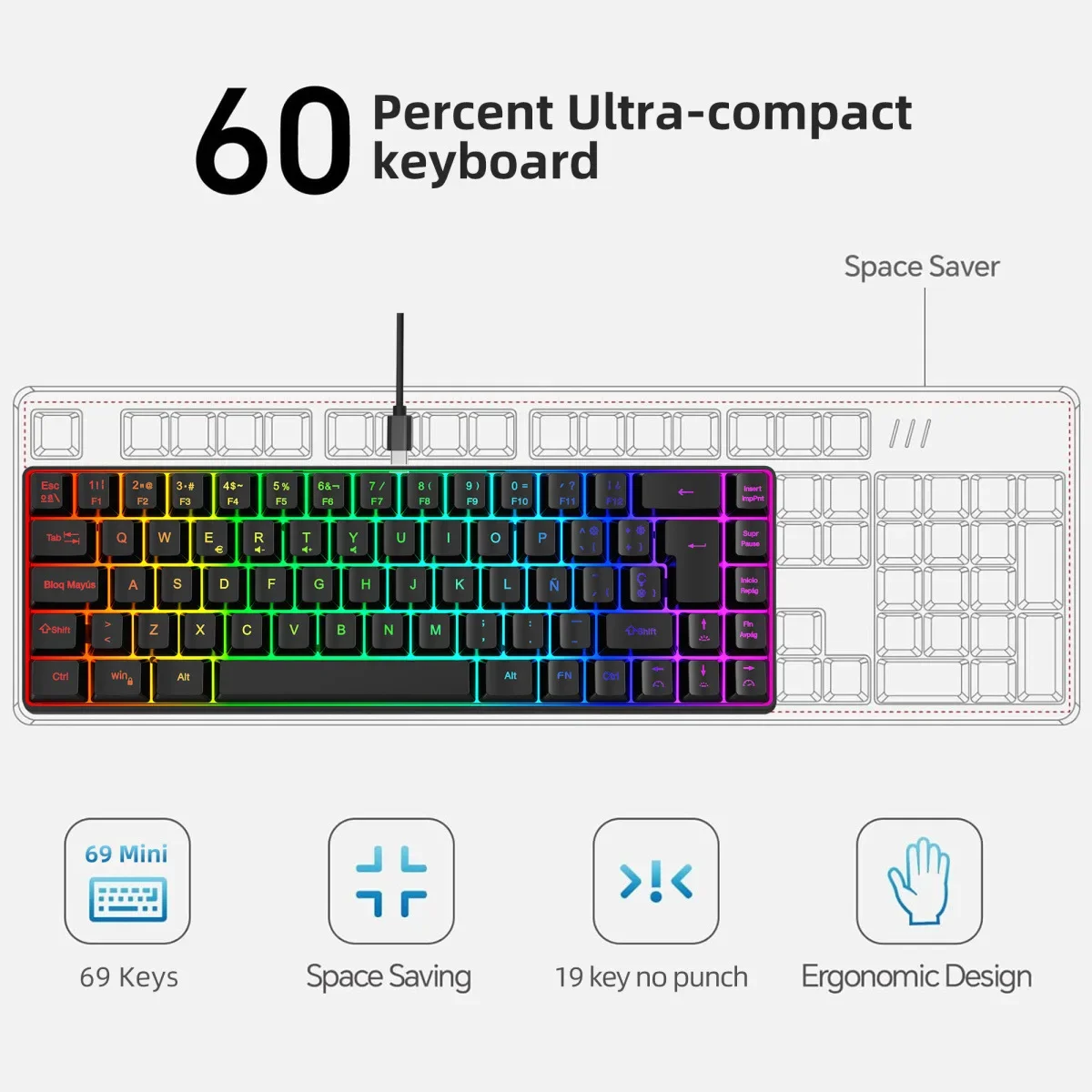 RGB backlit keyboard Russian 69 keys white membrane gaming wired ergonomic Keyboards for compact mini  for pc laptop color black - Image 5