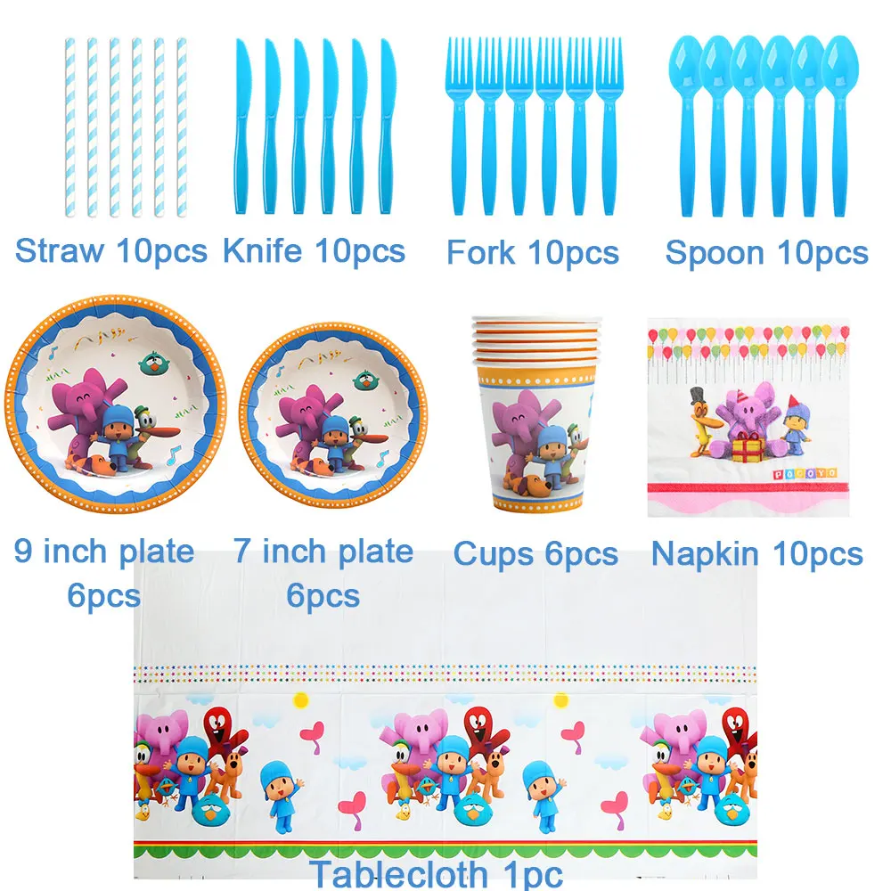 Cute&Pocoyoed Theme Kids Birthday Party Supplies Disposable Tableware Plate Cups Tablecloth Background Girl Decoration Gifts