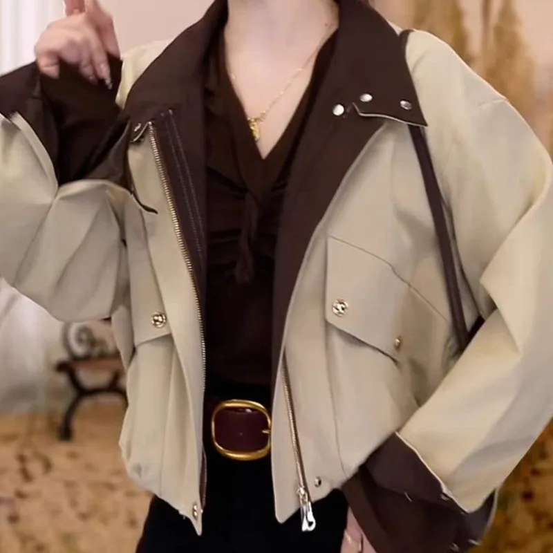 

Женская короткая куртка цвета хаки, весна-осень 2023, универсальный стиль, свободная посадка, повседневная рабочая одежда, пальто, женская зимняя куртка