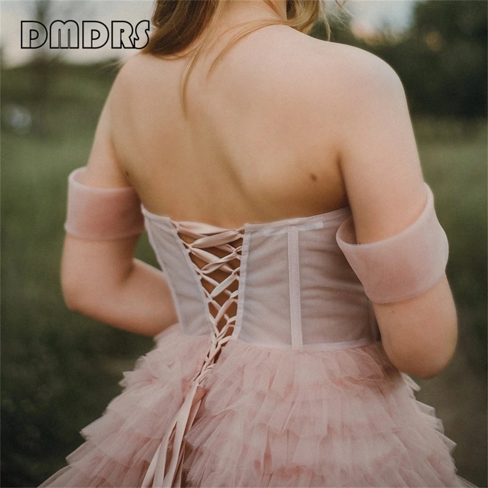 Zoete Roze Tule Prom Dress Voor Vrouwen Off Shoulder Vrouwen Formele Jurk Sweetheart Corset Weelderige Gezwollen Feestjurk