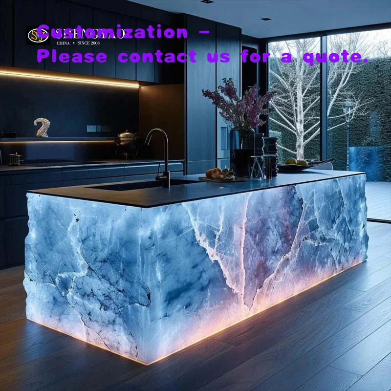 custom.2026 Hot Sale Illuminated Furniture Translucent Epoxy Resin Quartz Backlit Kitchen Bar Counter Top