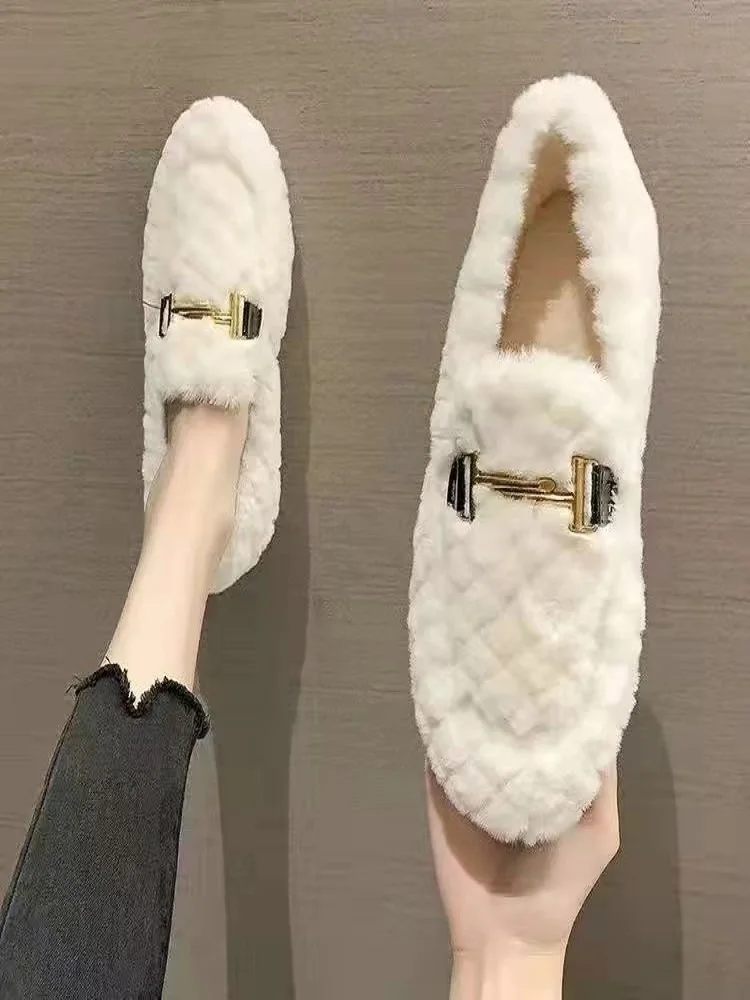 Dedo do pé fechado chinelos de algodão quente feminino pele do falso engrossar pelúcia inverno casa sapatos mulher leve casual i