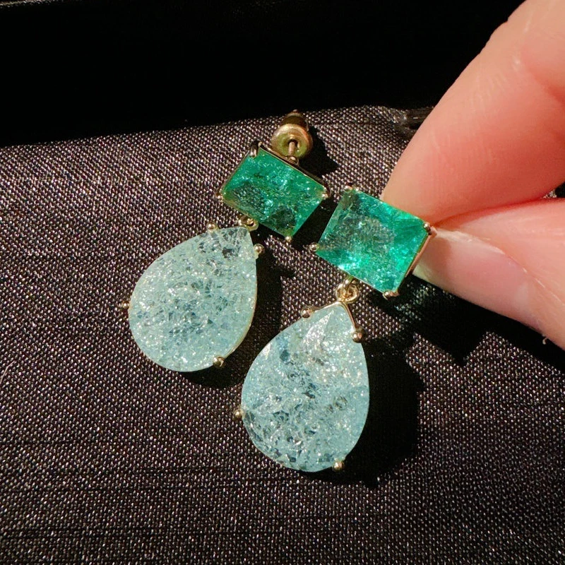 2024 New Geometric Two Tone Crush Paraiba Tourmaline Drop Earrings for Women Luxury 18K Gold Plated Dangles Banquet Jewelry