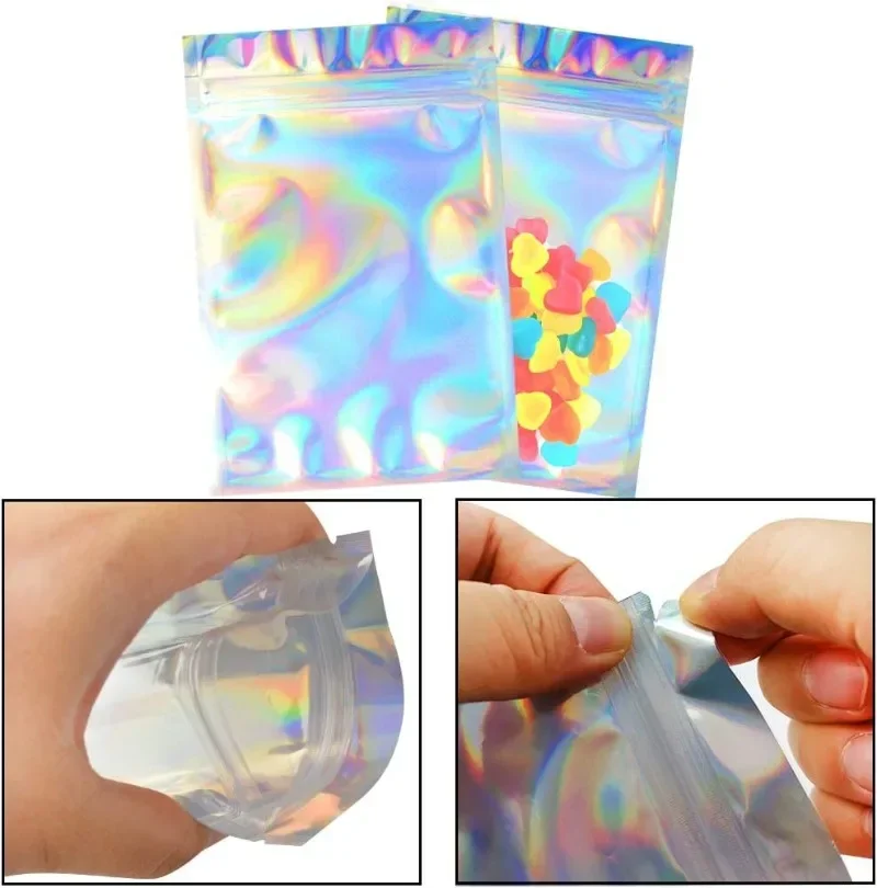 Laser Transparent Sealing Bags Holographic Storage Bag Iridescent Zipper Sealed Bag Food Candy Makeup Jewelry Gift Packing Pouch