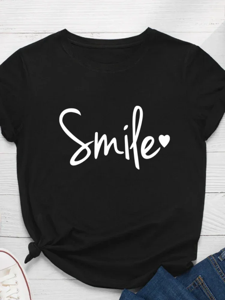 Smile Heart Print Women T-Shirt Camisetas Mujer Summer Short Sleeve Casual Streetwear Top Tee Ladies Daily Wear Clothes