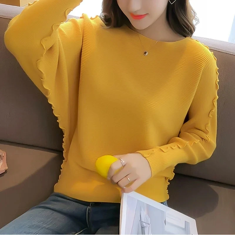 

Women Knitted Pullover Tops Fashion Batwing Sleeve Ladies Autumn O-Neck Jumper Solid Casual Korea Pullovers and Sweaters Female