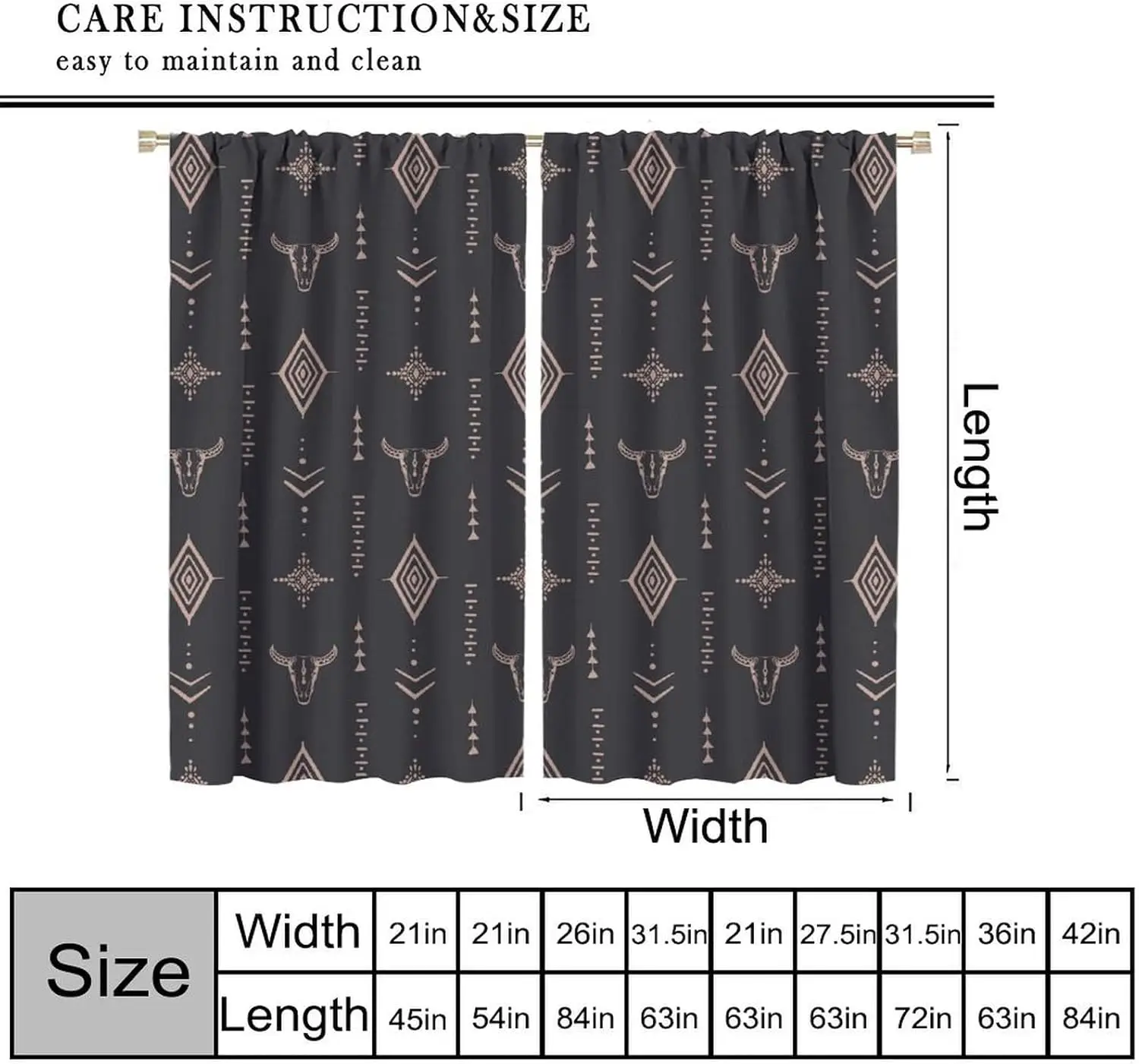 Western Aztec Navajo Curtains Rustic Bull Skull Cowboy Style Vintage Abstract Geometrics Lines Window Treatments for Bedroom