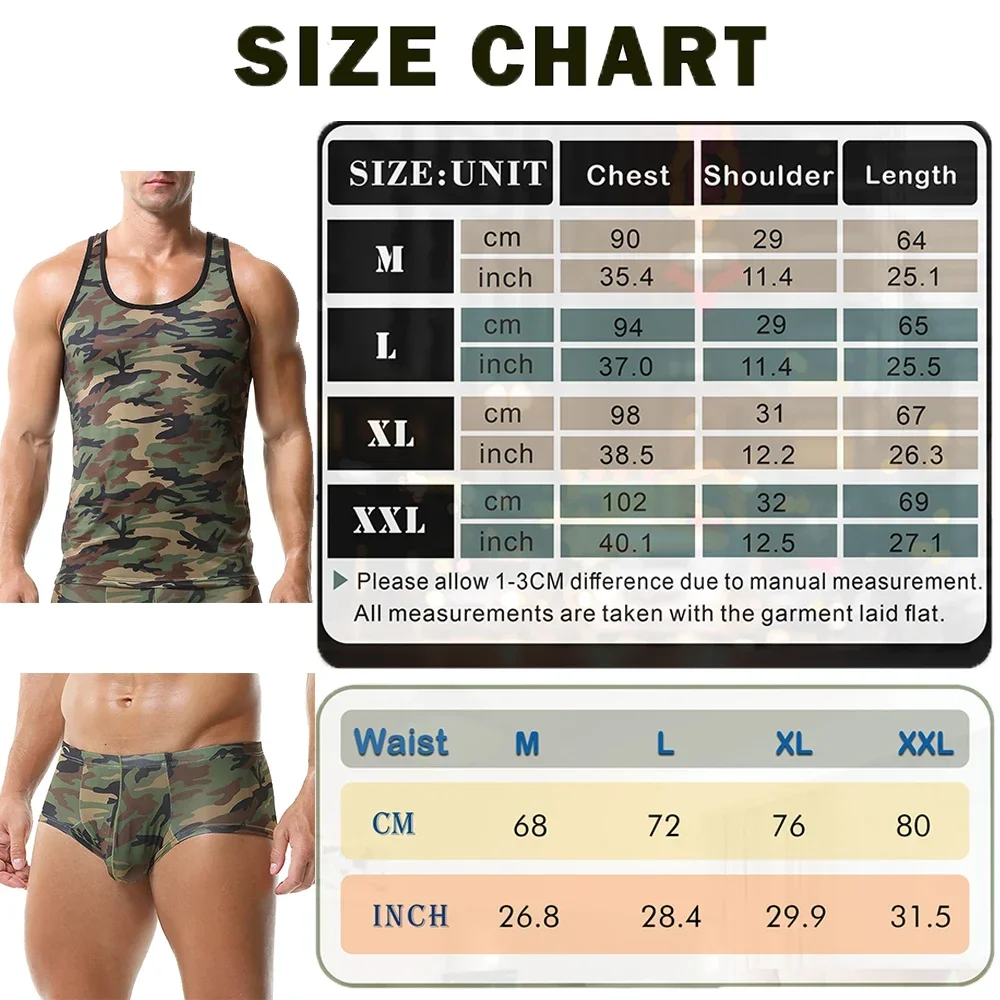 2PCS/Sets Men Undershirts Camouflage Sleeveless Fitness Tank Tops + Boxer Shorts Suits Underwear Male Sexy Singlet Shirts+Trunks