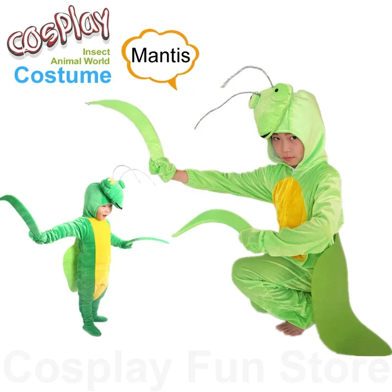 Kids Cosplay Pray Mantis Costume Animal Insect Performance Dancing Dress Golden Velvet Jumpsuit Children Party Gift Halloween