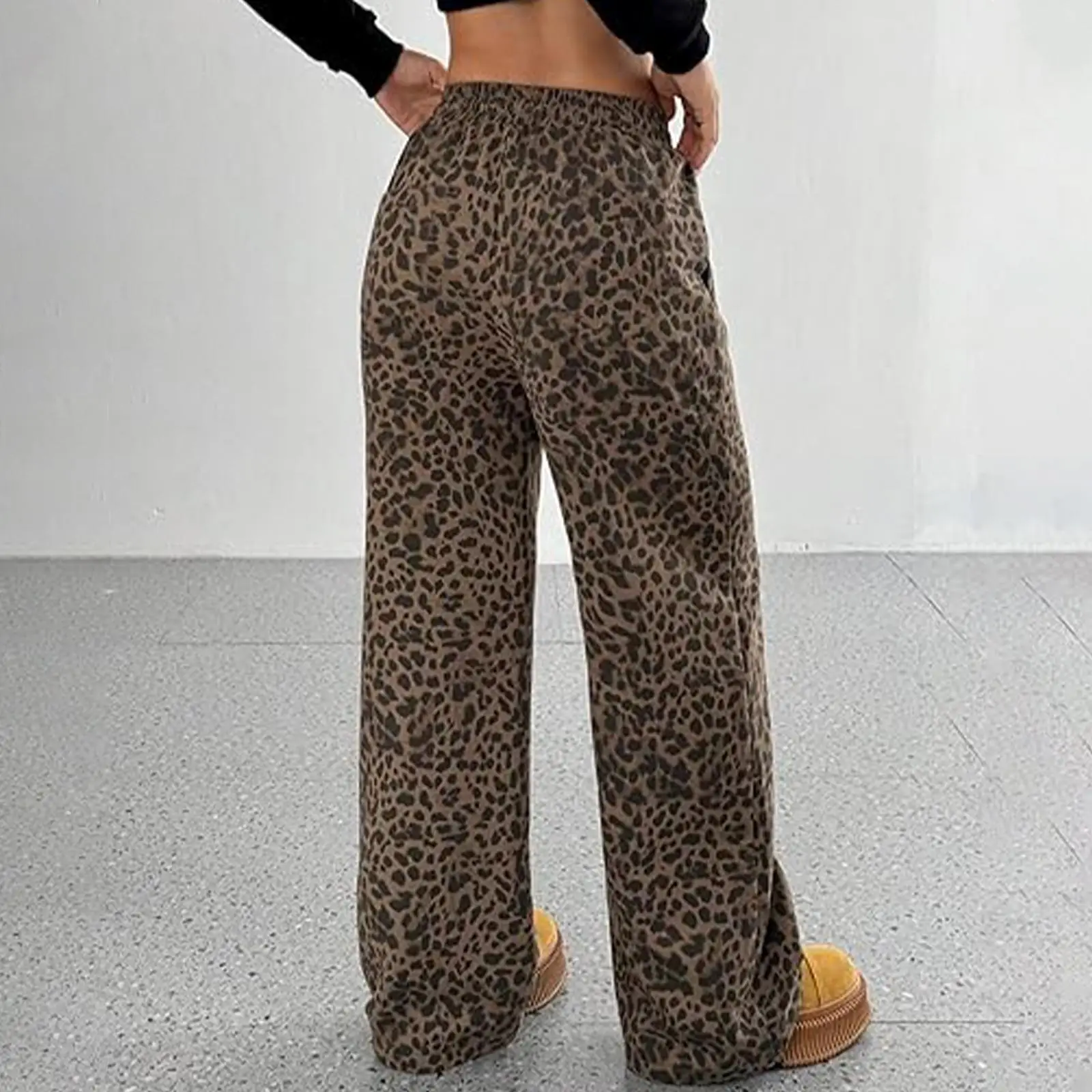 กางเกงขายาวทรงหลวมลายเสือดาวสไตล์ลำลองสำหรับผู้หญิง