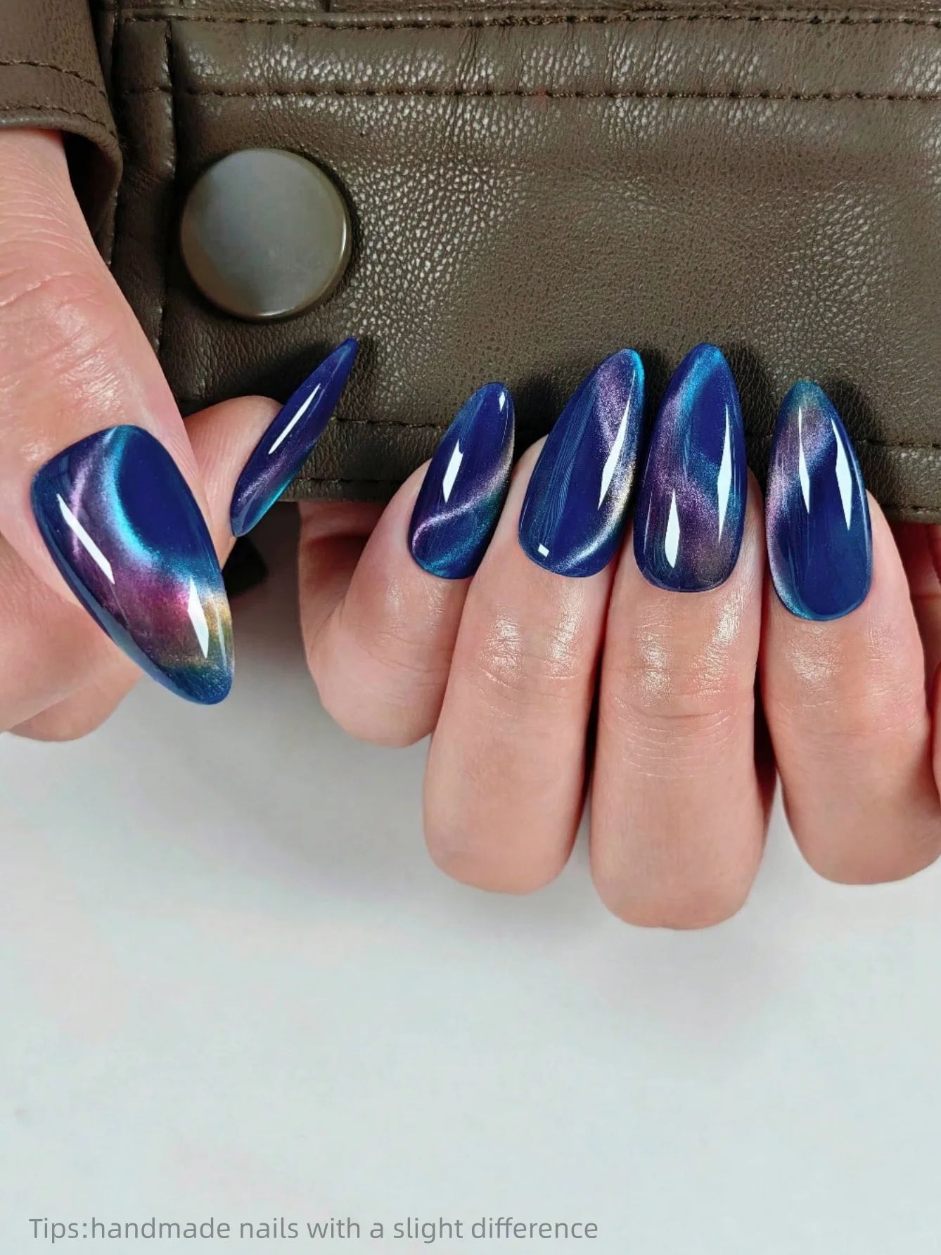 10pcs Handmade Galaxy Cat Eye Press On Nails Almond Long Shiny Mysterious Fake Nails Blue Purple Gradient Decor False Nail