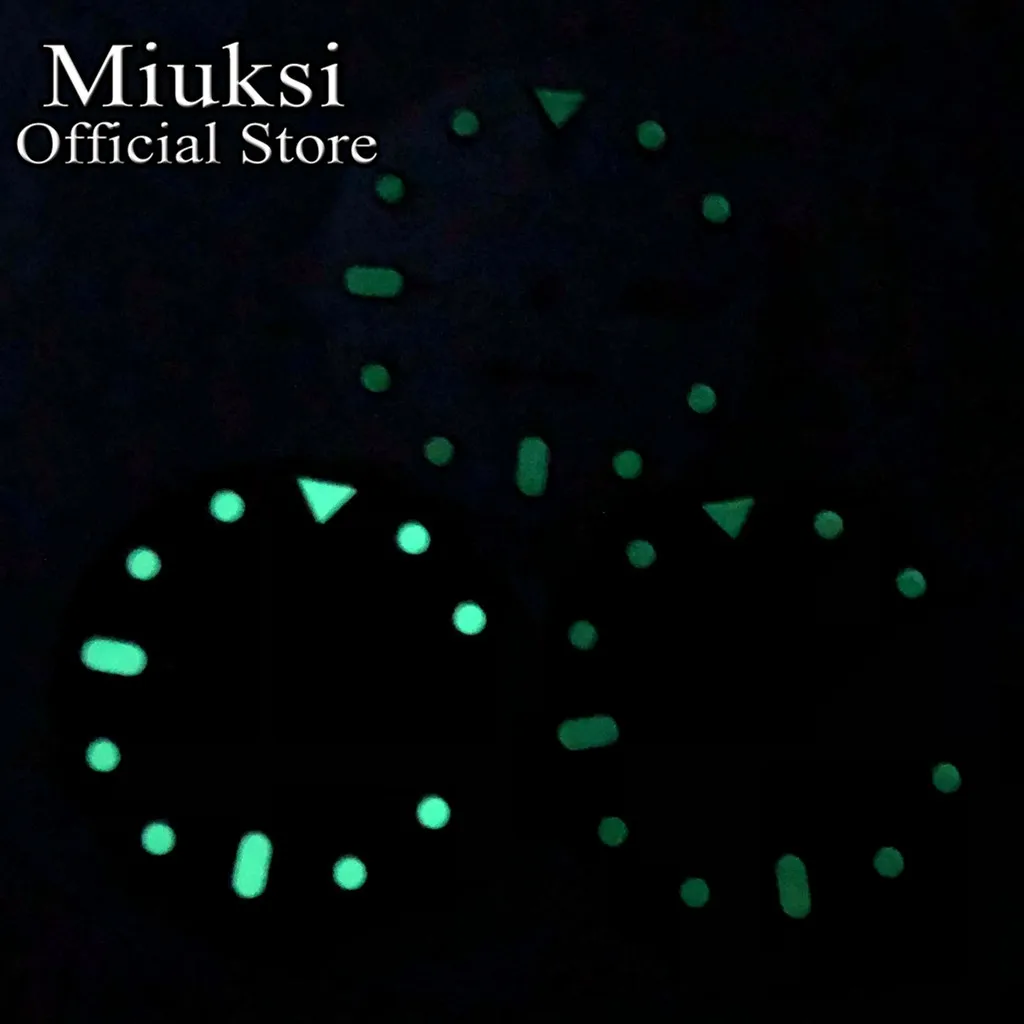 Miuksi 29mm black white watch dial green luminous sterile dial fit NH36 movement fit 3 o\'clock crown 3.8 o\'clock crown