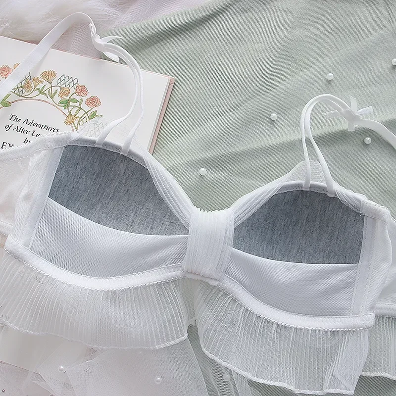 2026 Neues Süßes Lolita-Schleifen-Mesh-BH-Set, Süßer Rüschen-BH ohne Bügel, Bequeme Unterwäsche im japanischen Stil für Mädchen – Detail 9