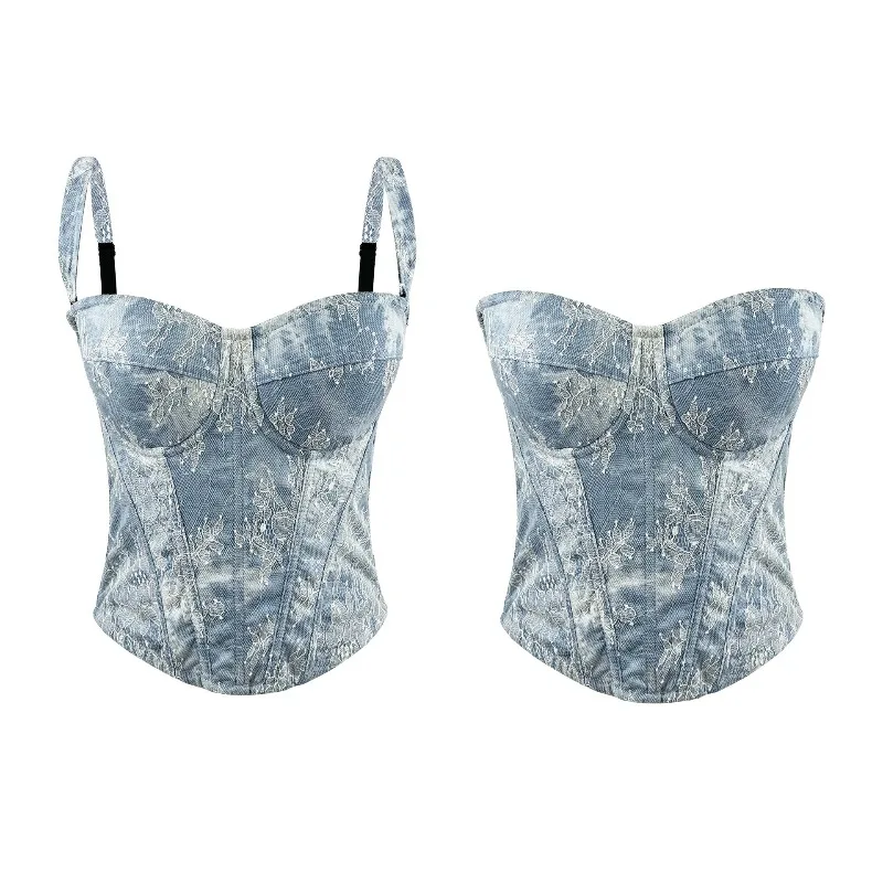 Ropa interior Sexy para esculpir el cuerpo, bordado fino de encaje, estilo clásico, hueso de pescado, pecho, transfronterizo, nuevo, Top de tubo con tirantes vaqueros Retro