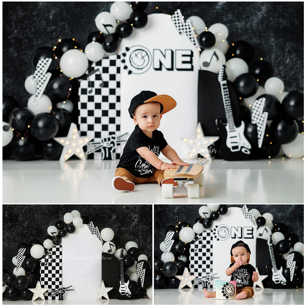 

The Rock Show Backdrop Photography Boy Birthday Cake Smash Background Black White Balloons Photo Studio Props