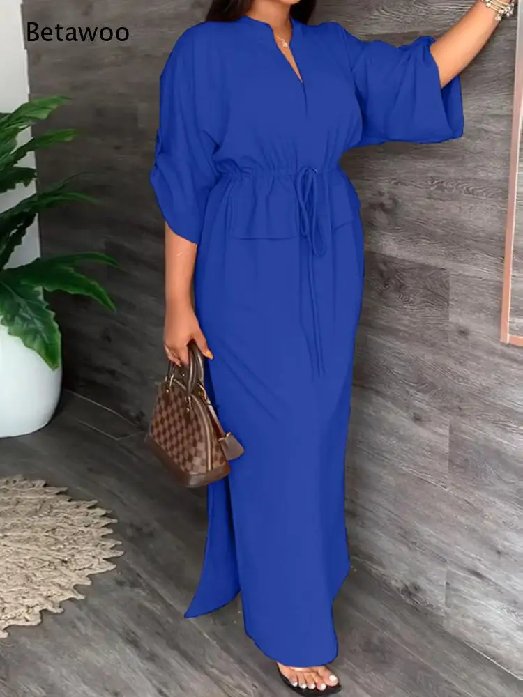 Drawstring Waist Maxi Dress V Neck Side Slit Loose Solid Color Long Robe for Vacation Daily Matching