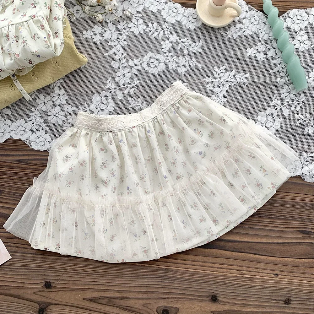 

2024 New Spring Summer Toddlers Girls Floral Printed Skirts Lace Voile Korean Style Kids Chic Tutu Skirt