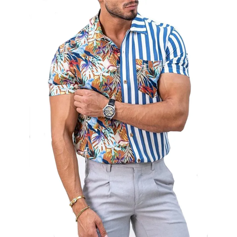 

Striped Patchwork Vintage Shirt Summer Men Hawaiian Short Sleeve Shirt Mens Casual Printed Hawaii Beach Shirts Man Oversized Top