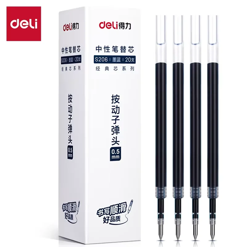 DELI 20PCS/Box Retractable Gel Pen Refills 0.5mm Black Blue Red Color Ink Replacements Gel Ink Pen Single Bag Packing Stationery