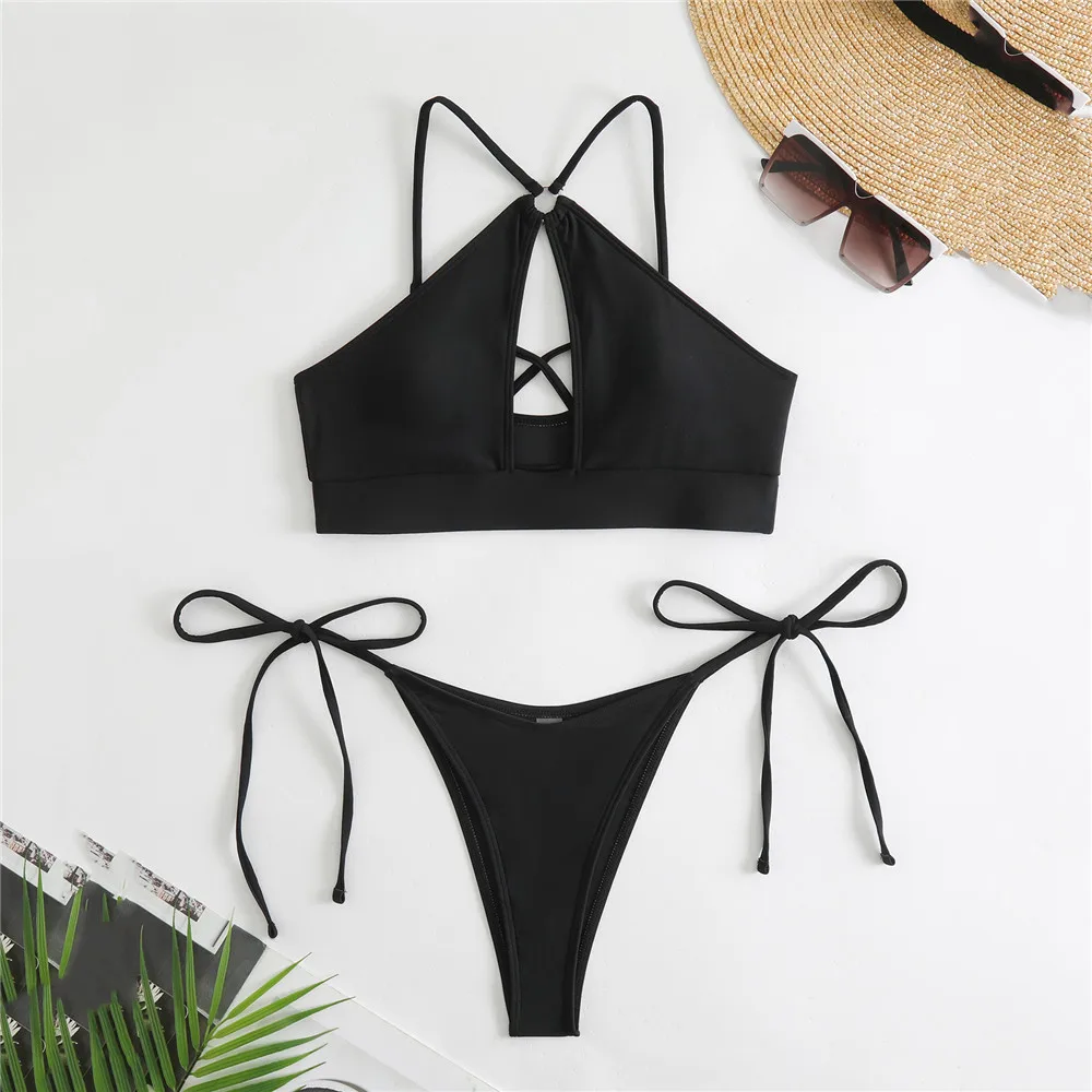 Sexy Black Hollow Out Swimwear Women Thong Micro Bikini Set 2025 Mujer Swimsuits Female High Cut Bathing Suit Biquinis Bikinis