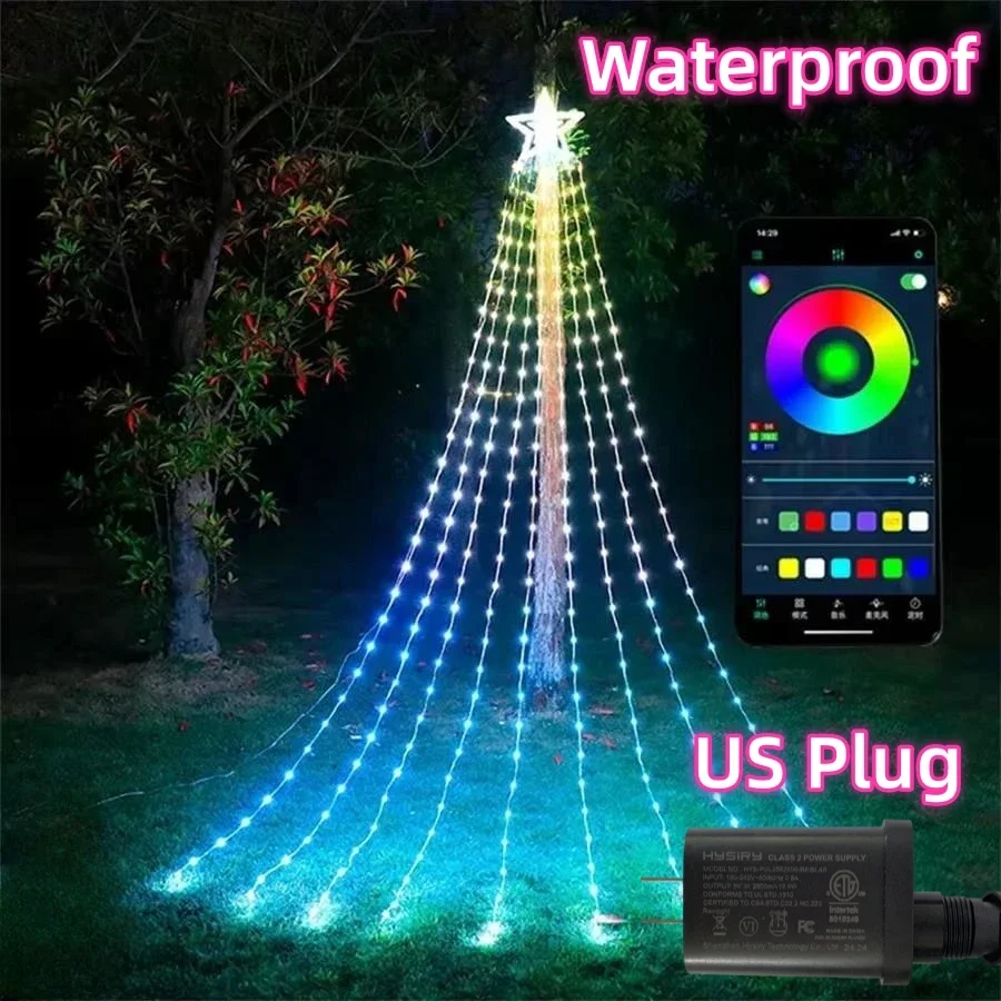 5m x9pcs diy cachoeira estrela topper led árvore de natal luz da corda rgb ic inteligente controle app ao ar livre cachoeira luz de fadas corda