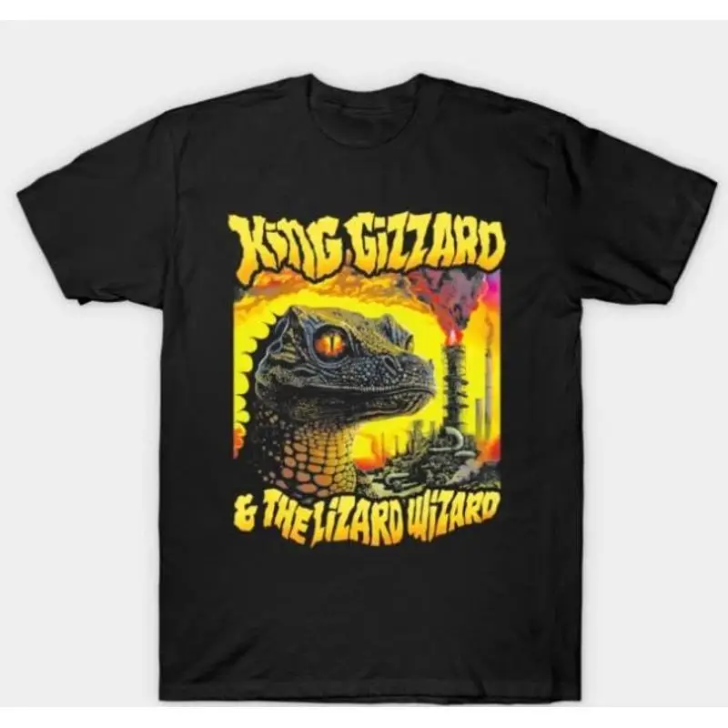 King Gizzard And The Lizard Wizard Reptilian Head Fiery Background T-Shirt