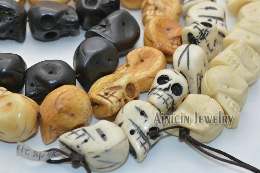 Many Size Genuine Ox Bone Black White Yellow Color Skull Head Carved Strand Loose Beads DIY Jewelry Making Findings 19~50pcs/lot