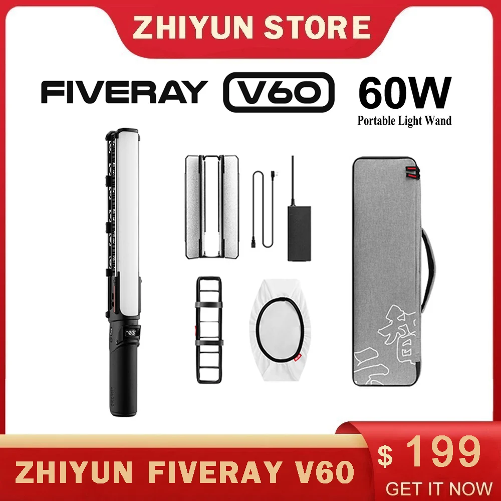 ZHIYUN FIVERAY V60 Handheld Portable Light Wand 60W Dual Color Temperature LED Stick Lighting for Photos Video Photography