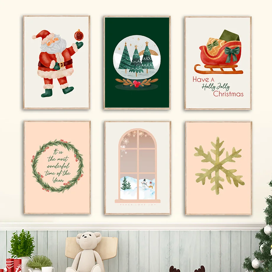 Árvore de Natal Papai Noel Trenó Pintura Da Lona, Home Decor Posters, Impressões Red Car Rena, Berçário Wall Art, Quarto Infantil