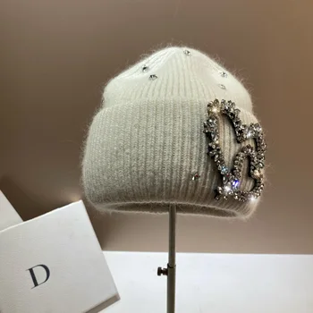 ขนสัตว์กระต่ายจริงผู้หญิงถักหมวก Rhinestones หรูหรารูปแบบหัวใจฤดูหนาว Beanie Designer หมวก Lady WARM Walking Bonnet Beanie