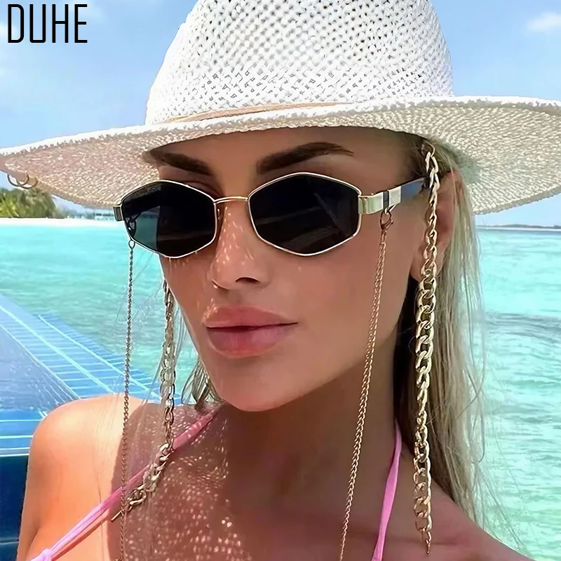 

Retro Diamond High-End Women's Sunglasses Fashionable Temples With Chain Sunglasses Outdoor Polygonal Metal Sunglasses UV400DUHE